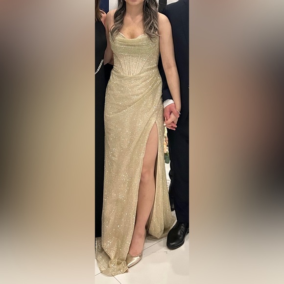 Cinderella Divine Champagne Sparkly Corset Dress with High Leg Slit - Picture 7 of 7